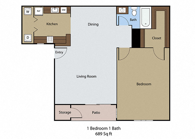 Floor plan for 1 bed, 1 bath, 689 sqft